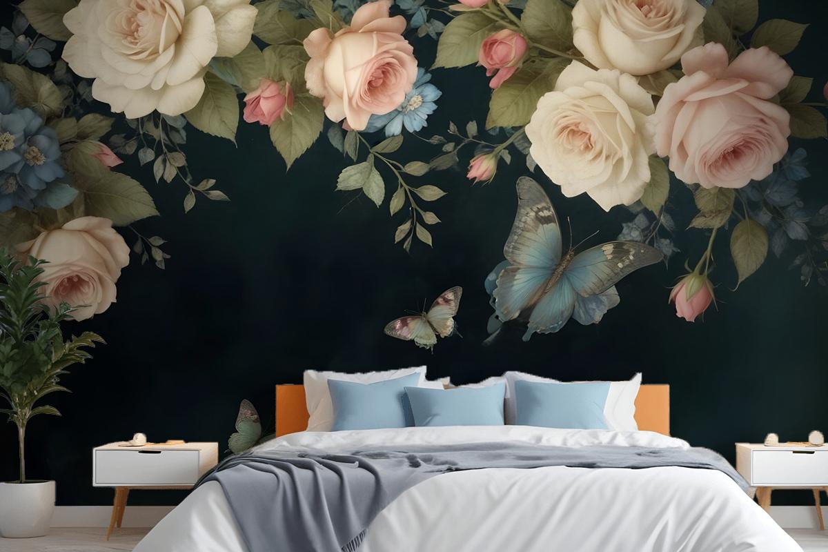 Vintage Oil Painting Dark Roses Bedroom Wallpaper Mural