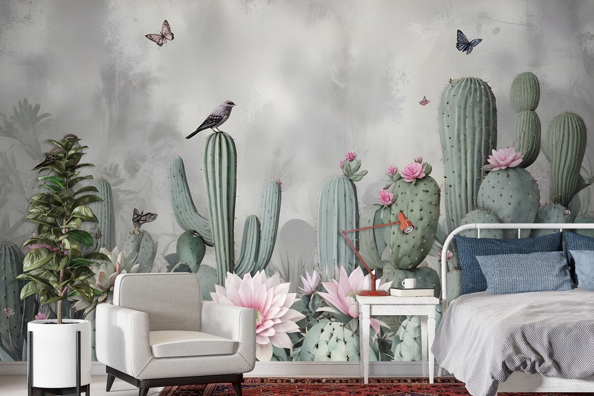Watercolor Cactus With Flowers Wallpaper Mural