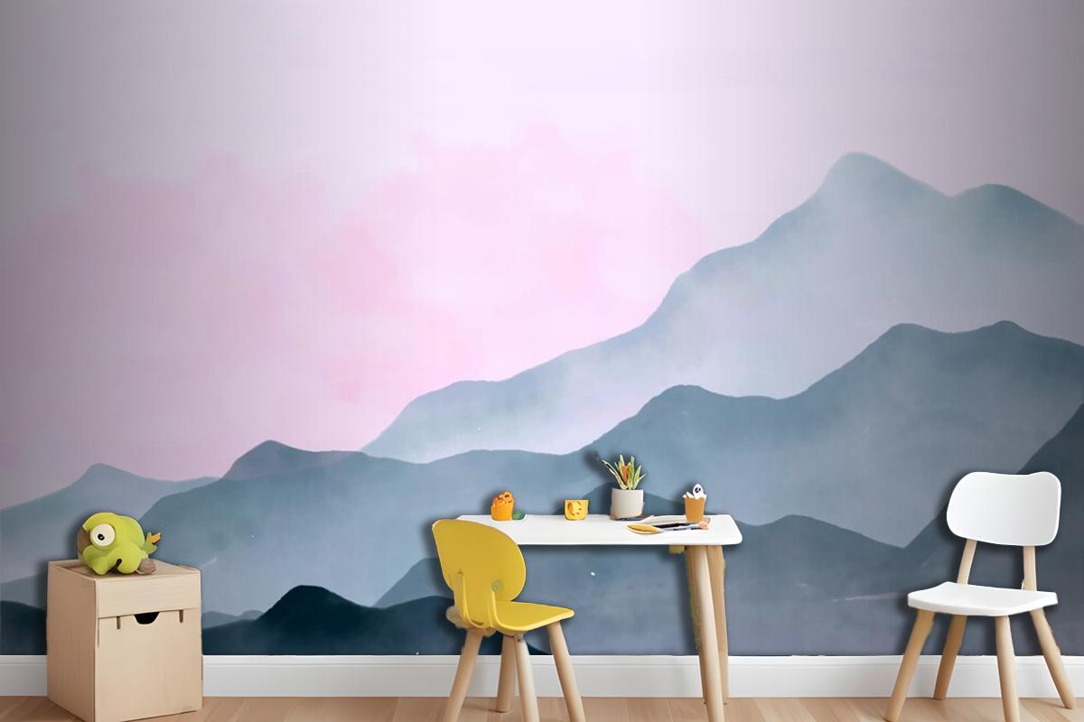 Watercolor Mountains Background With Pink Sky Wallpaper Mural