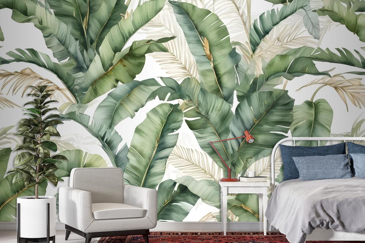 Watercolor Tropical Banana Leaf With Faux Gold Details Wallpaper Mural