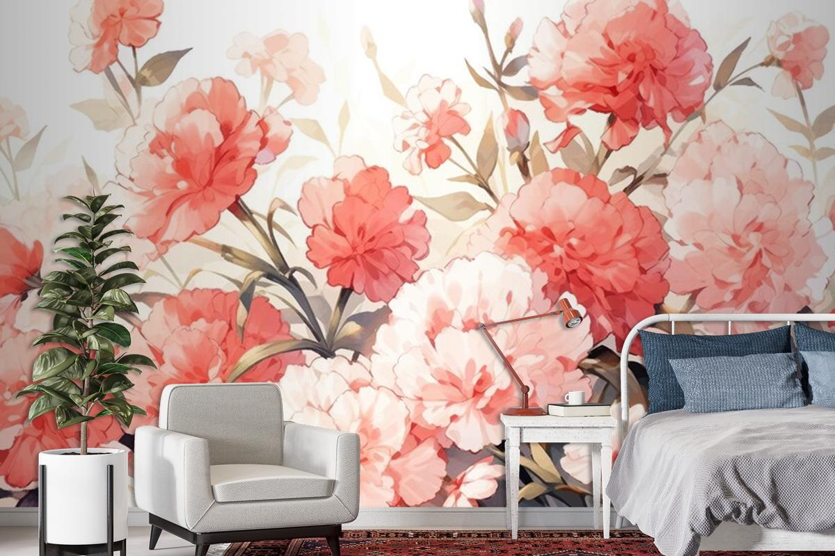 Watercolor Vintage Carnations Pattern With Complementary Colors Wallpaper Mural