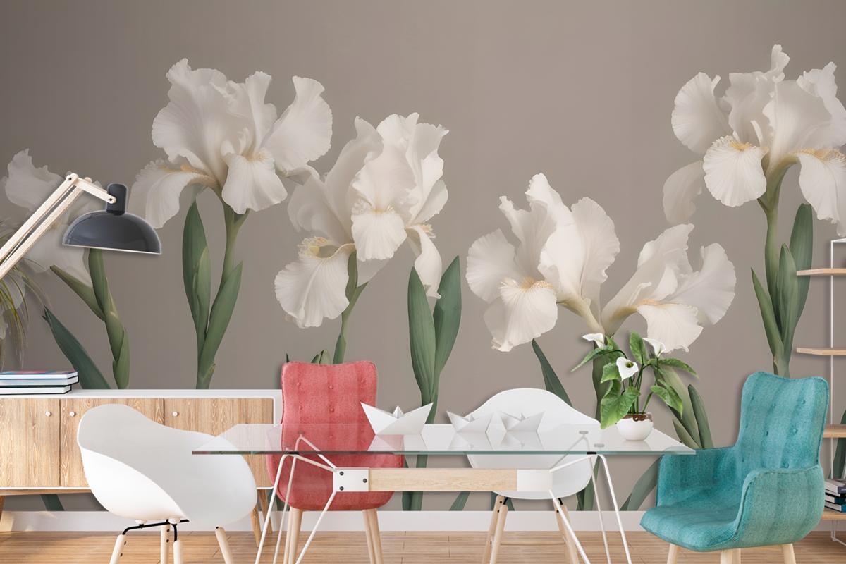 White Iris Flowers With Green Stems Against A Neutral Wallpaper Mural