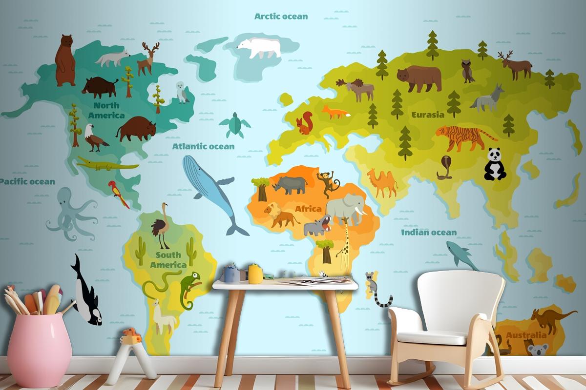 Funny Cartoon Animal World Map For Children With The Continents Wallpaper Mural