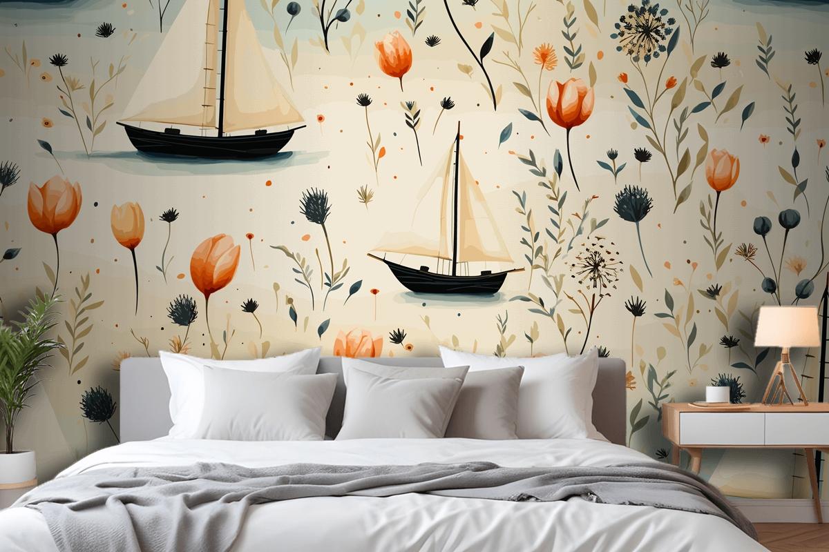 Sea Animals A Lighthouse And A Boat With Shells Starfish Bedroom Wallpaper Mural