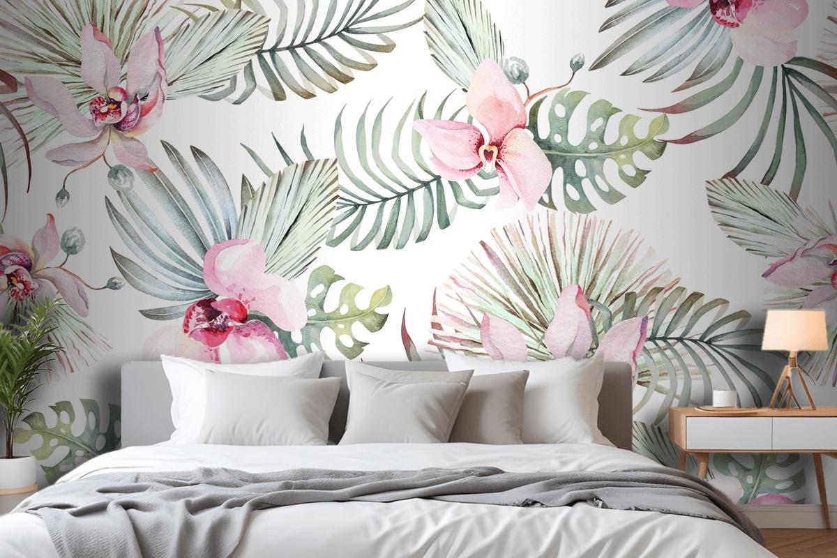 Seamless Pattern Of Tropical Plant Orchid And Flower For Fabric Bedroom Wallpaper Mural