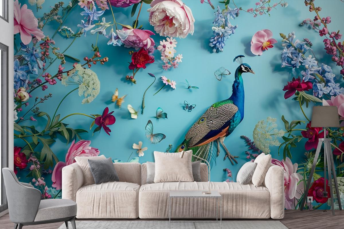 A Peacock Surrounded By Flowers And Butterflies Wallpaper Mural