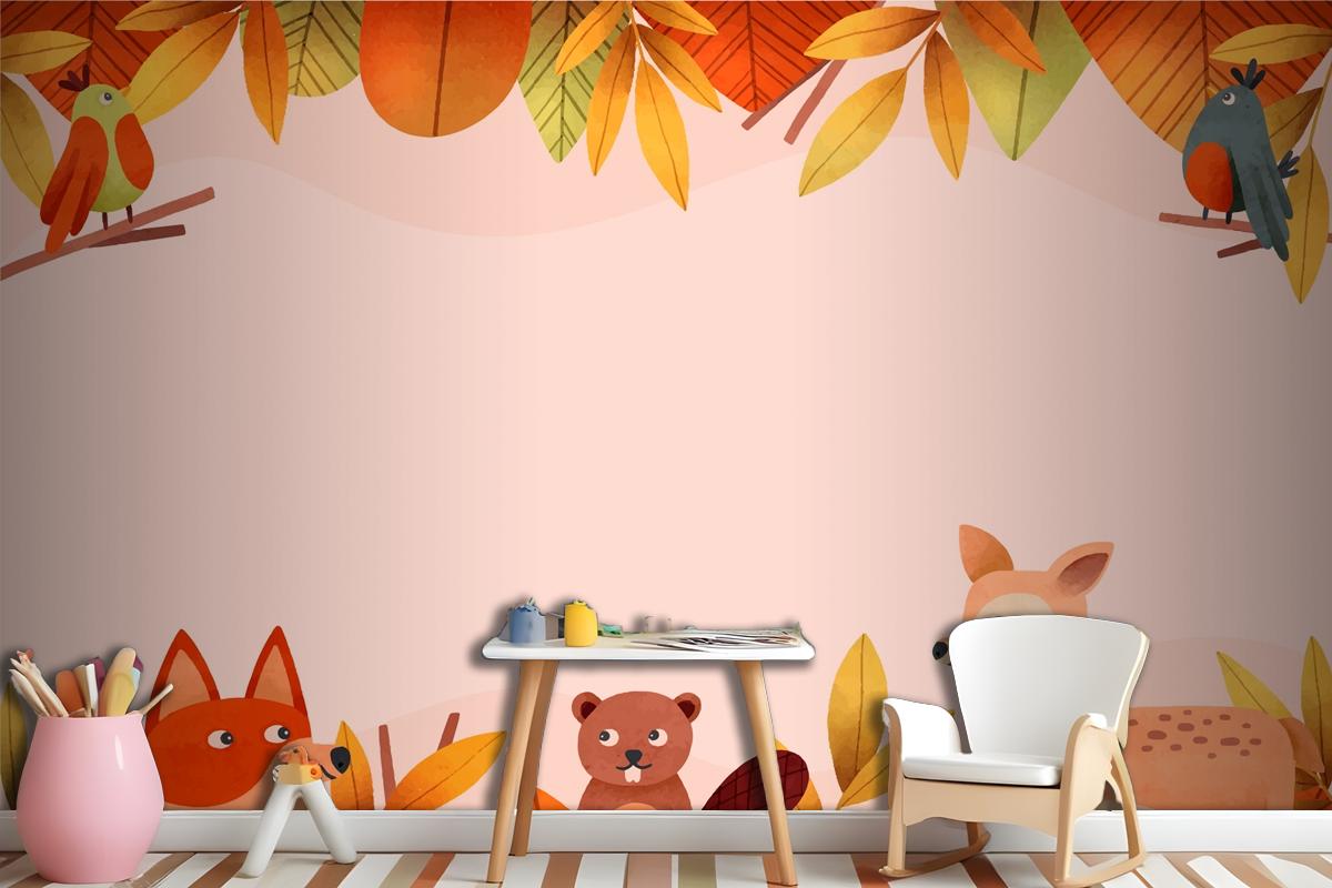 Watercolor Forest Animal And Leaves Wallpaper Mural