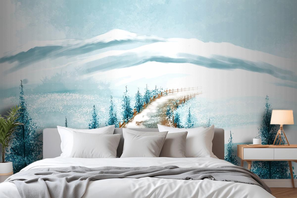 Winter Landscape With Snowy Christmas Tree Card Bedroom Wallpaper Mural