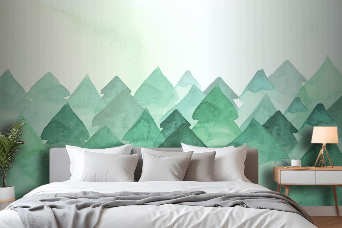 Watercolor Painting With Fir Trees Bedroom Wallpaper Mural