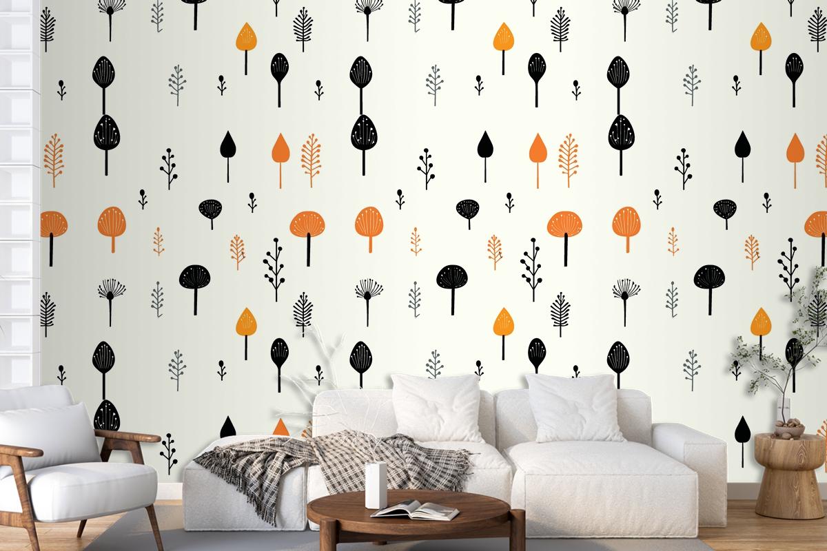 Black Mushroom And Leaf Pattern On A White Living Room Wallpaper Mural
