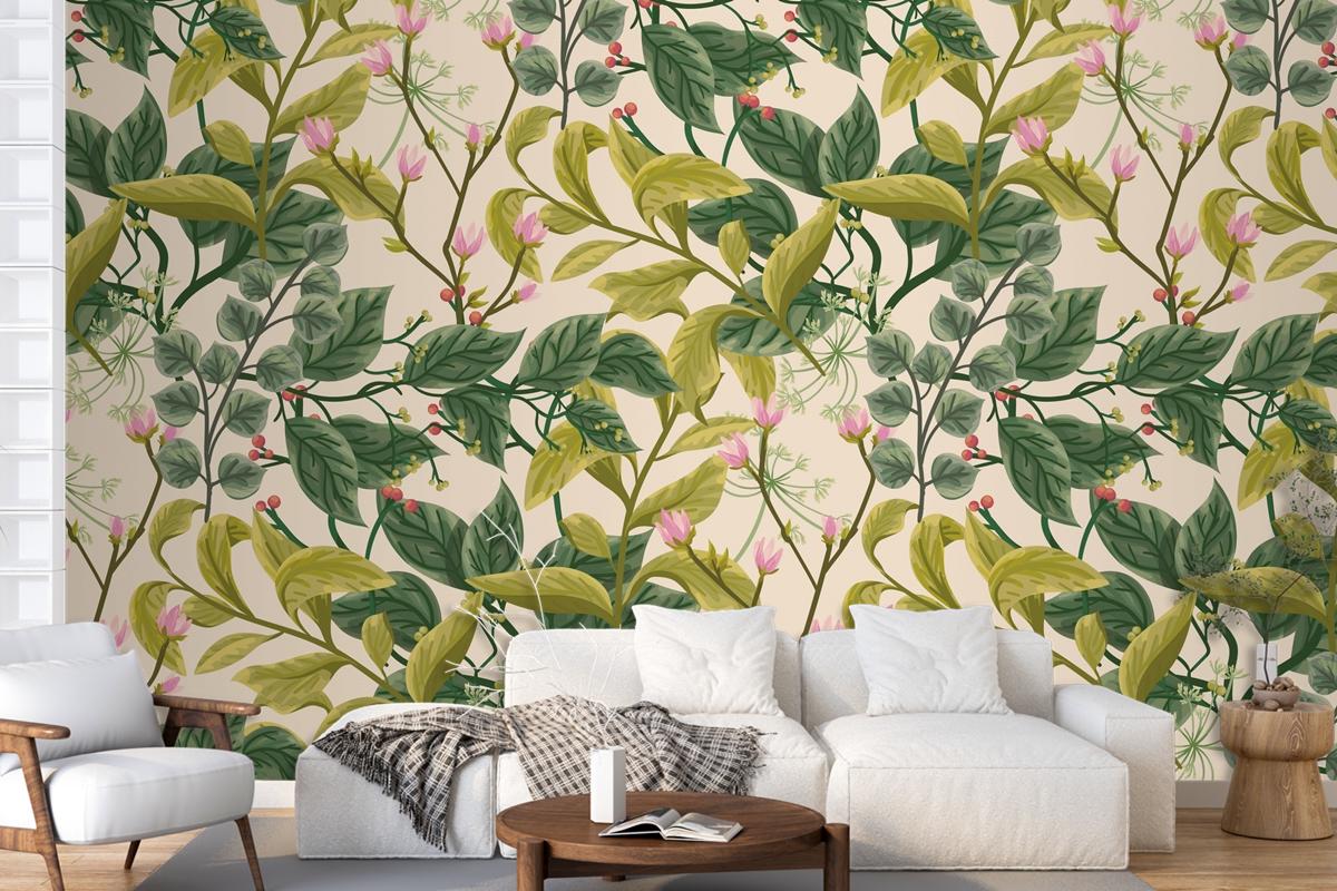 Flower And Leaves Background Living Room Wallpaper Mural