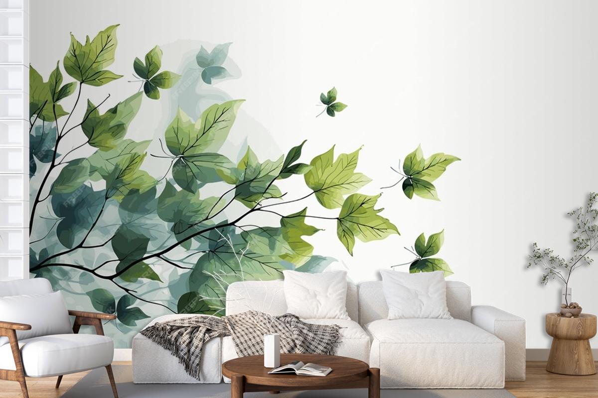 Fresh Baby Spinach Leaves On White Marble Living Room Wallpaper Mural