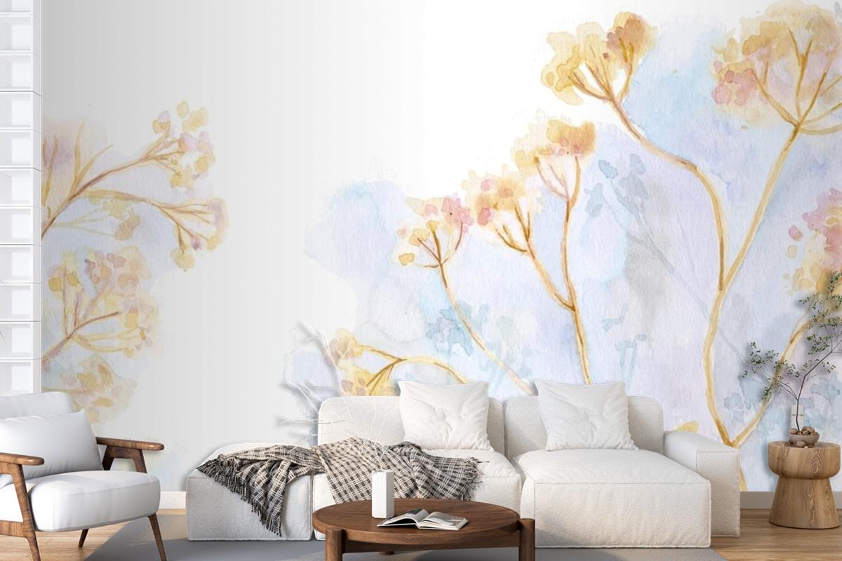 Hand Painted Watercolor Nature Living Room Wallpaper Mural