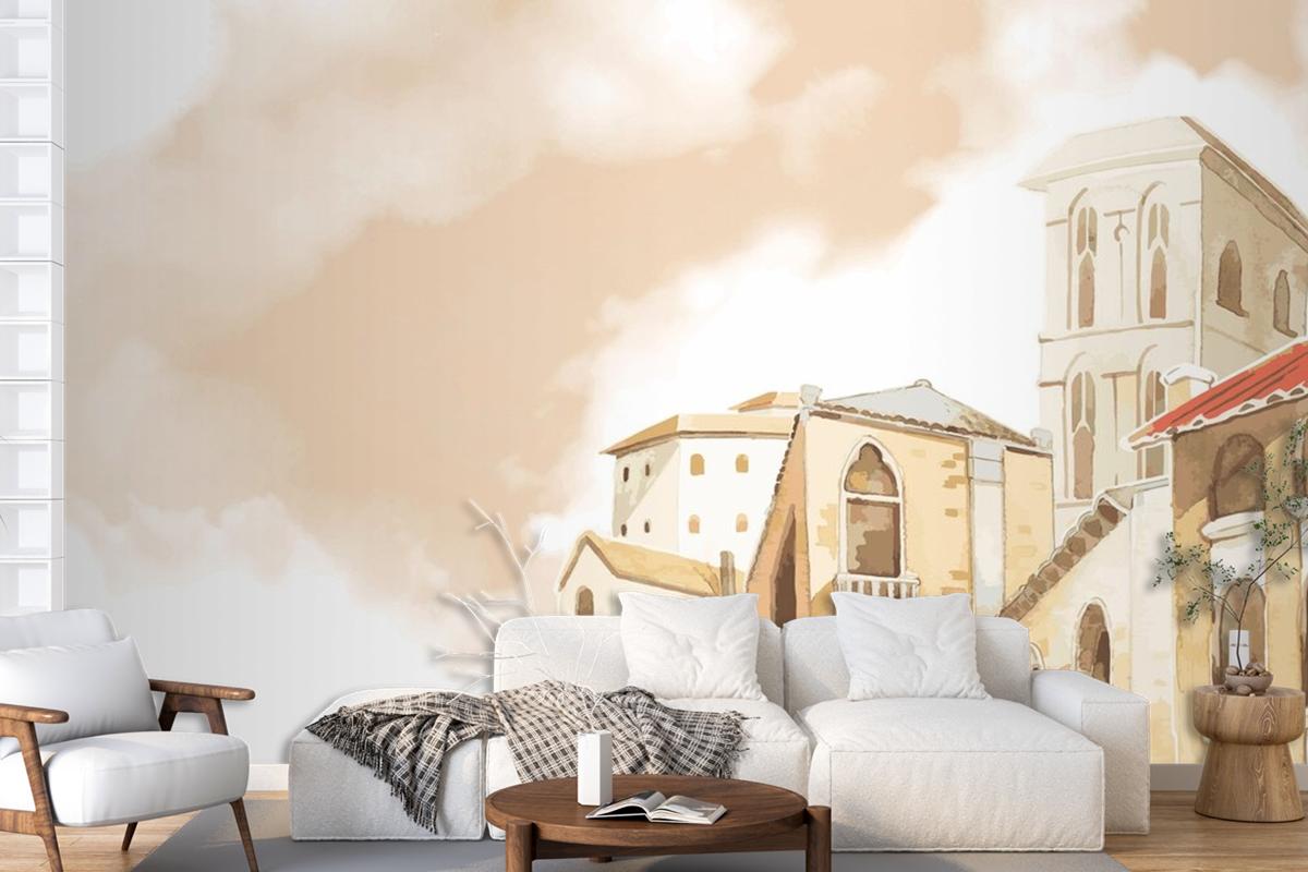Mediterranean City Building Exterior Water Color Style Living Room Wallpaper Mural