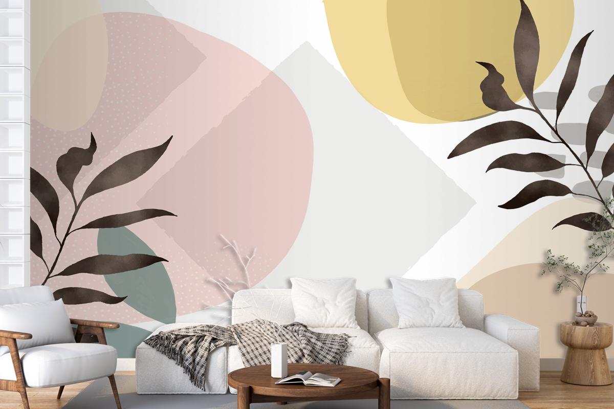 Minimal Hand Drawn Background With Plants Living Room Wallpaper Mural