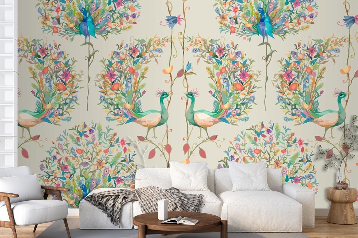 Pattern Background With Watercolor Peacock And Flower Living Room Wallpaper Mural