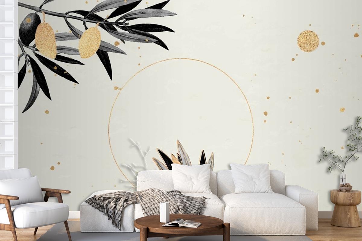 Round Gold Frame With Olive Branches Living Room Wallpaper Mural