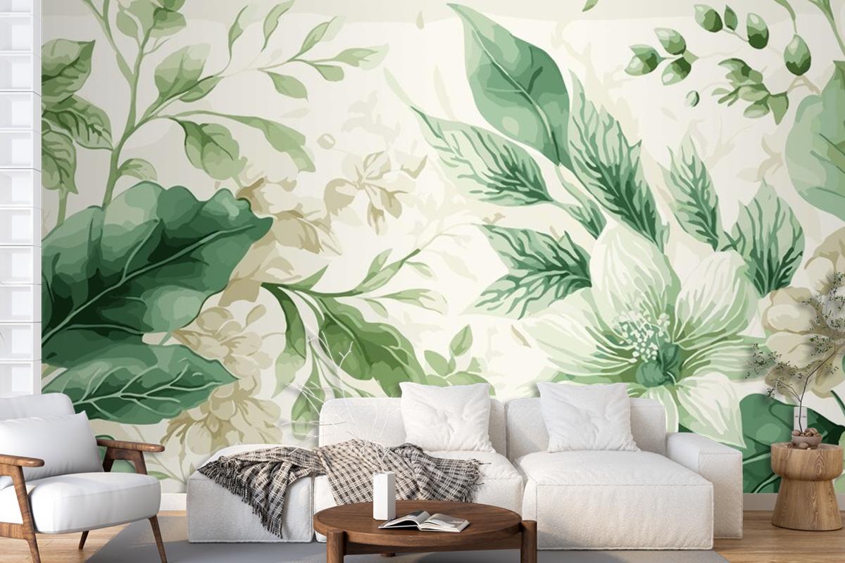 Seamless Watercolor Green And Beige Floral Pattern Living Room Wallpaper Mural