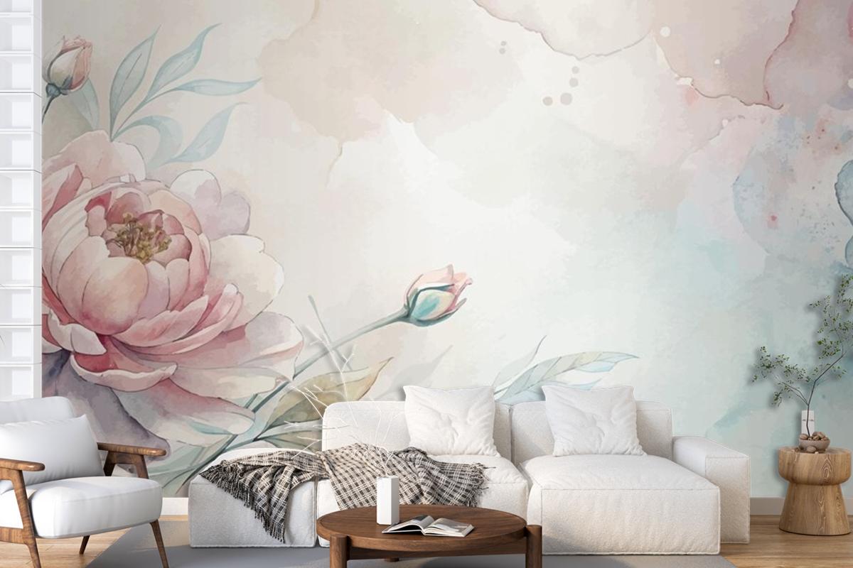 Soft Pastel Floral Watercolor Living Room Wallpaper Mural