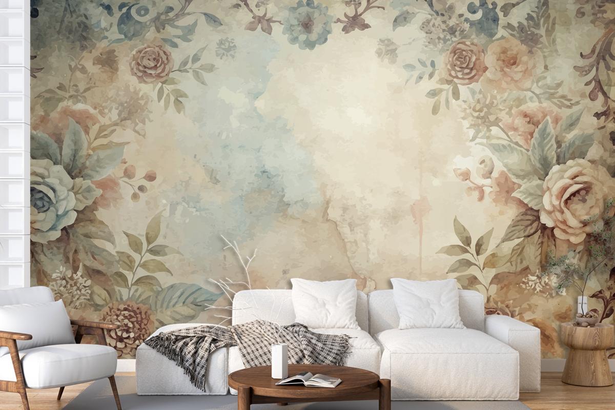 Watercolor Frame Background Of Flowers Living Room Wallpaper Mural