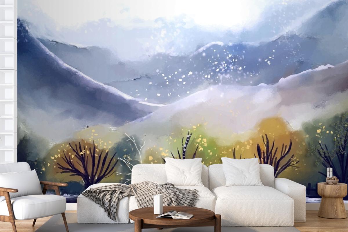 Watercolor Mountain Landscape Living Room Wallpaper Mural