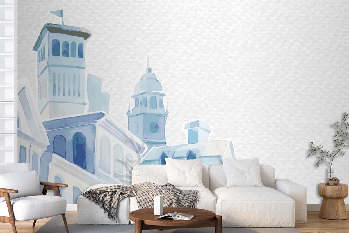 Architectural Mediterranean Buildings In Watercolor On White Paper Textured Living Room Wallpaper Mural