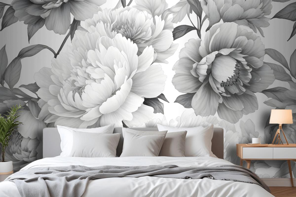 Black And White Floral Pattern With Large Lush Wallpaper Mural