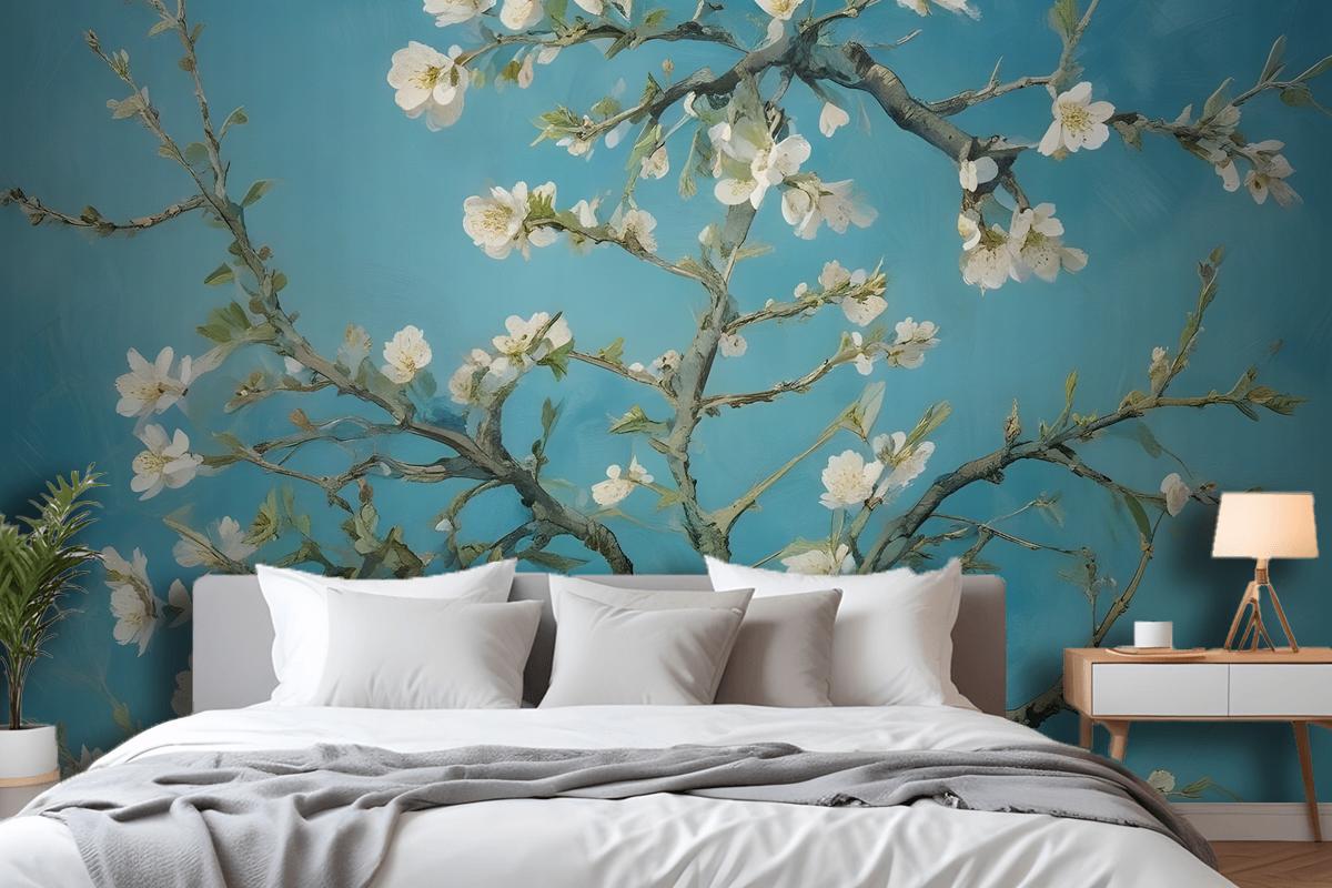 Blooming Almond Tree Branches Against A Blue Sky Wallpaper Mural
