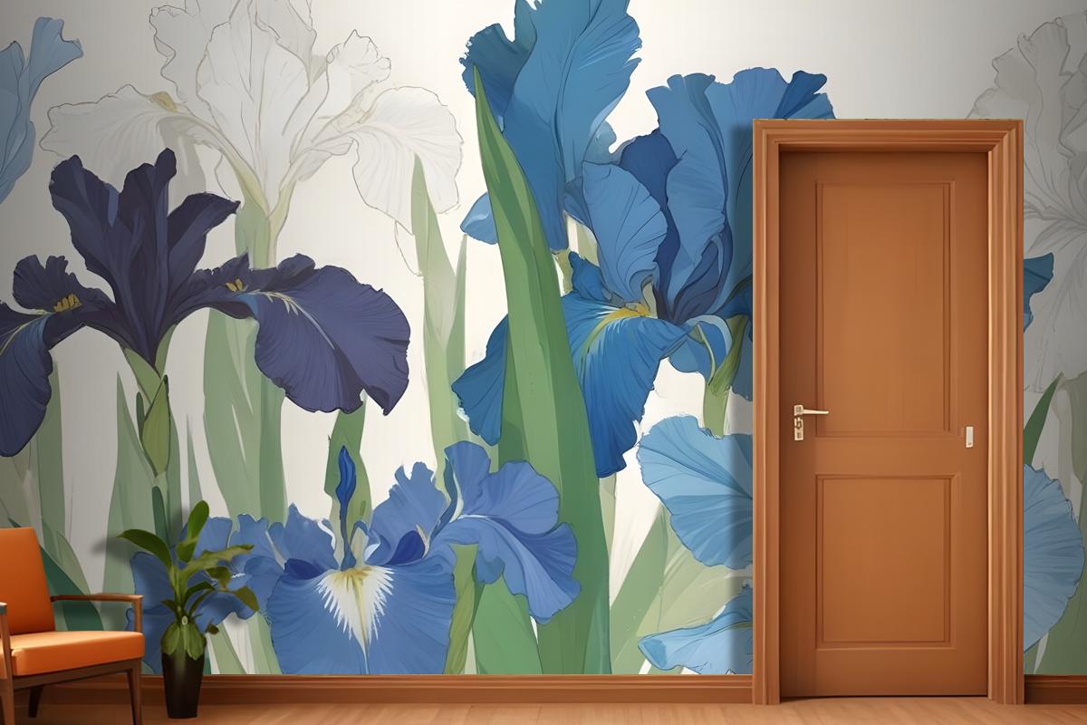 Blue And White Irises With Green Leaves Against A Light Wallpaper Mural