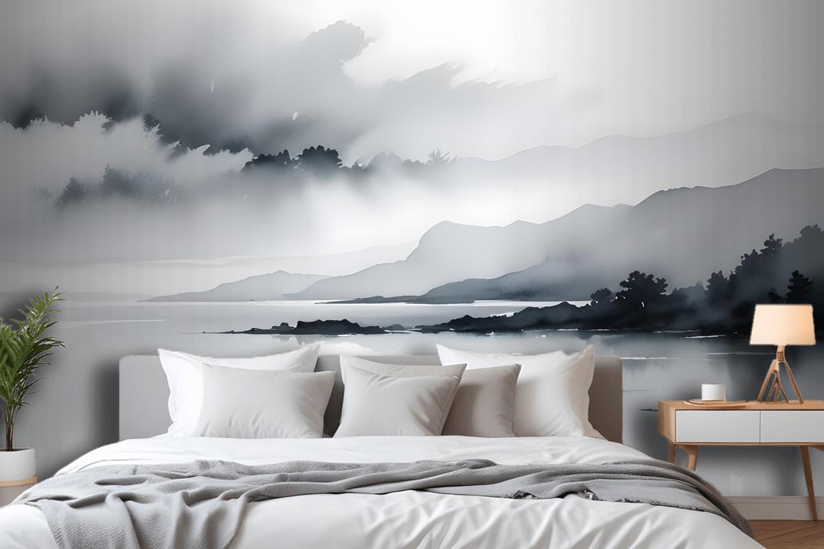 Blue Gray Watercolor Lake Landscape Wallpaper Mural