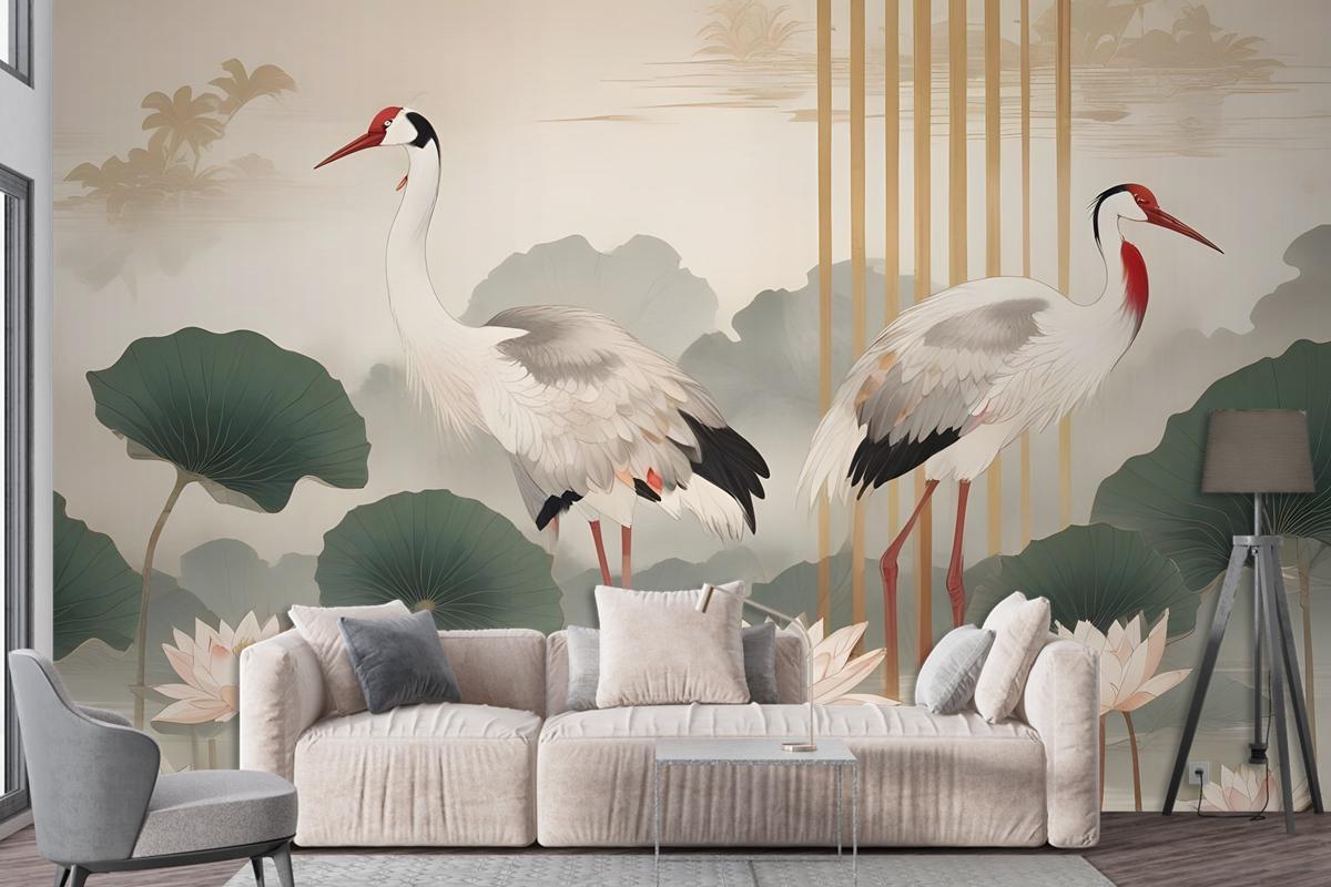 Chinese Crane Birds With Lotus Florals Bedroom Wallpaper Mural