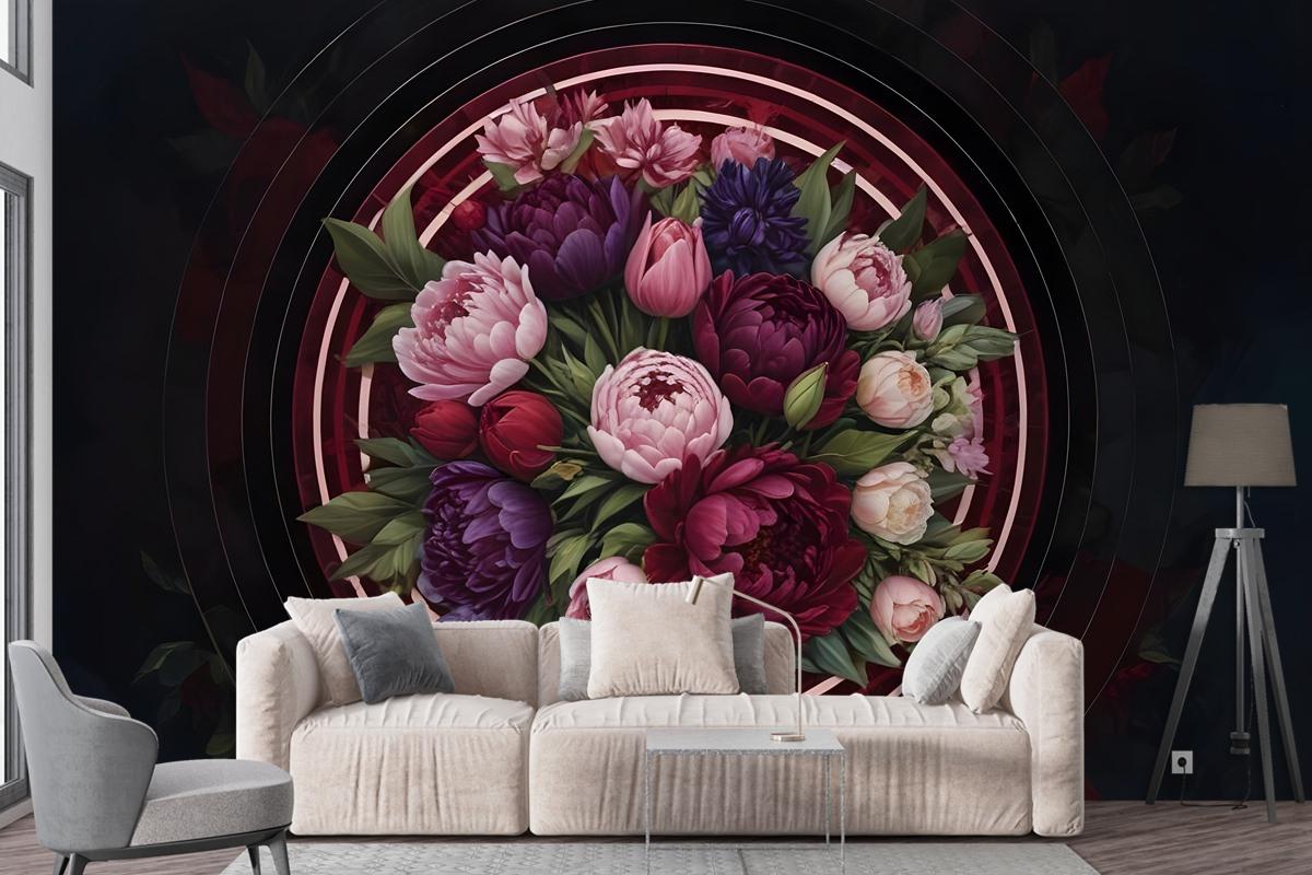 Circle Dark Floral Bedroom Wallpaper Mural
