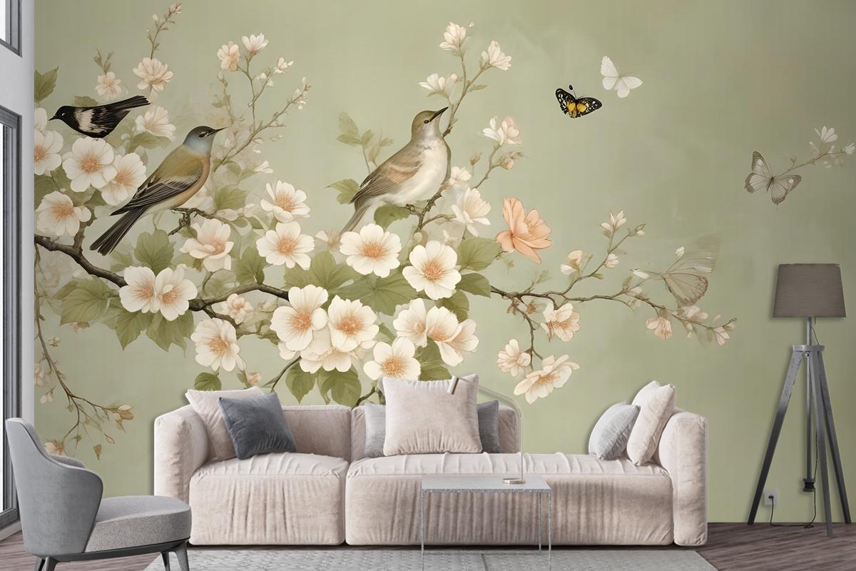 Cream Begonia Blossom Floral Art Bedroom Wallpaper Mural