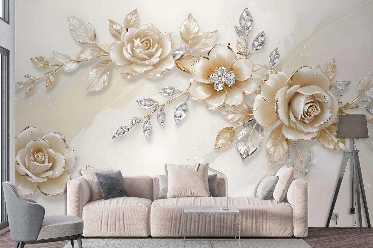 Cream Swarovski Rose Floral Bedroom Wallpaper Mural
