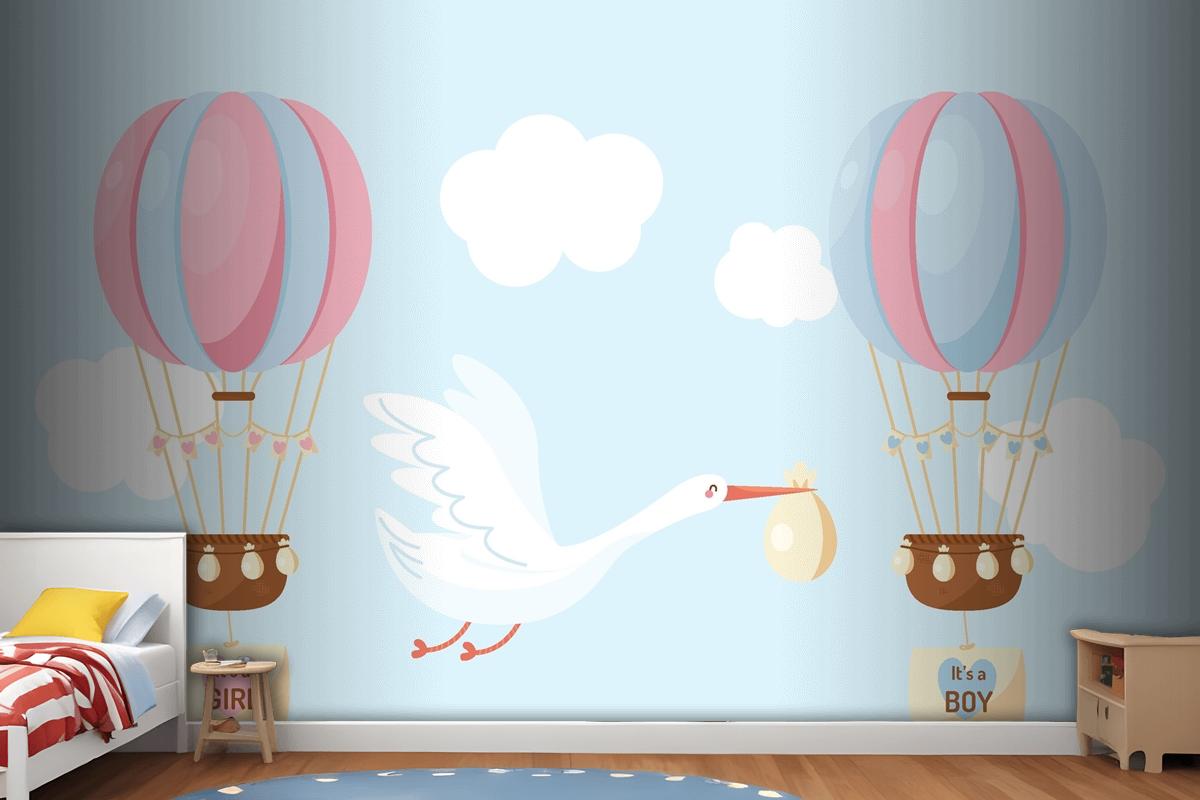 Cute Flat Design Blue Pink Balloon Wallpaper Mural