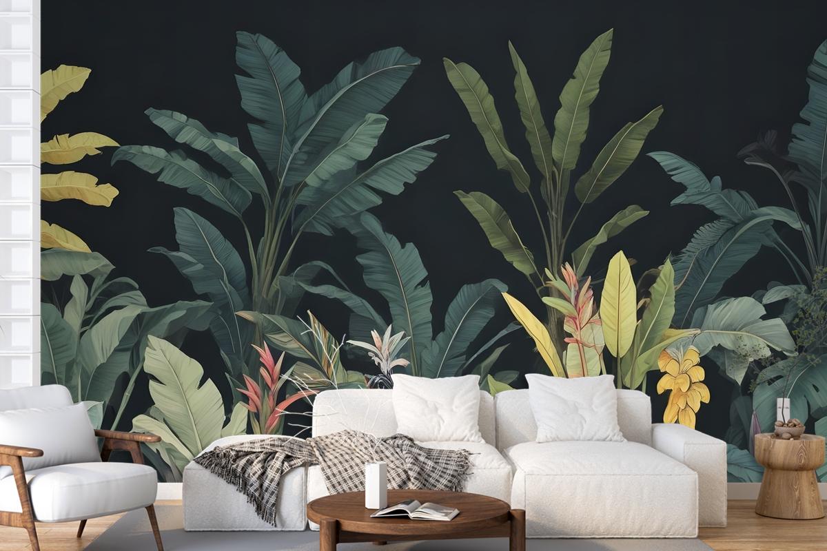 Dark Background Large Green Leaves Banana Plants Colorful Flowers Wallpaper Mural