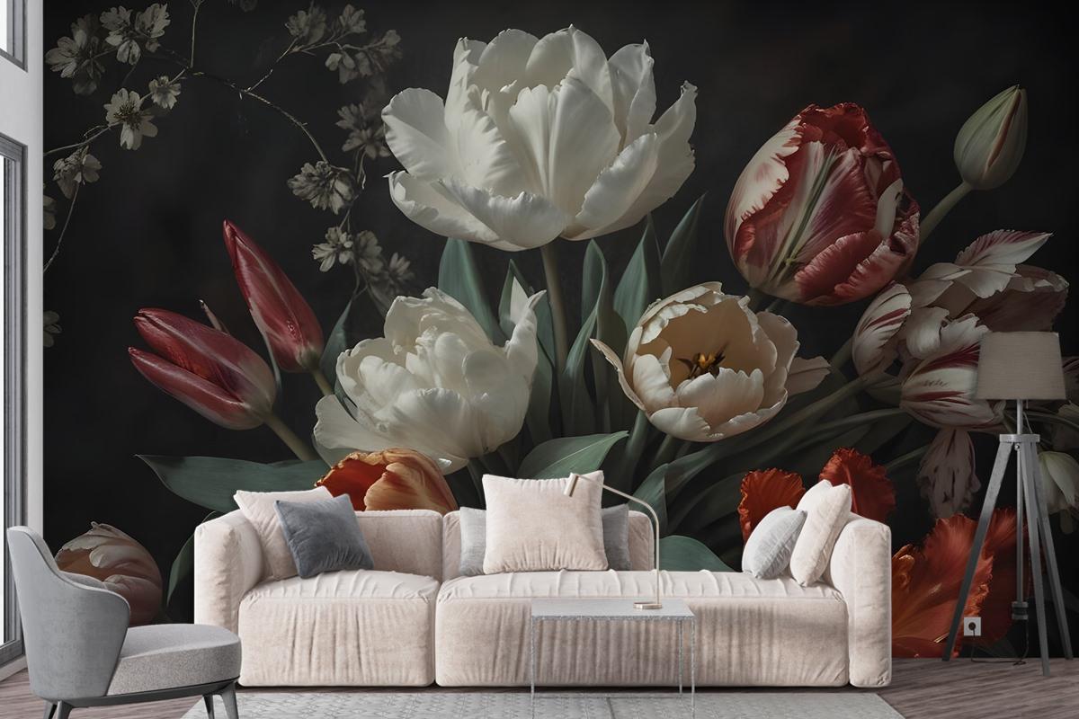 Dark Floral Dutch Bouquet With Tulips Bedroom Wallpaper Mural