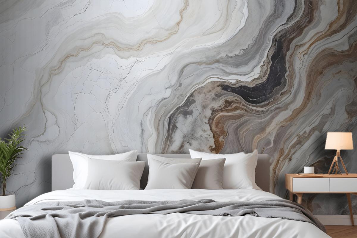 Dark Marble Gray And Brown Waves Bedroom Wallpaper Mural