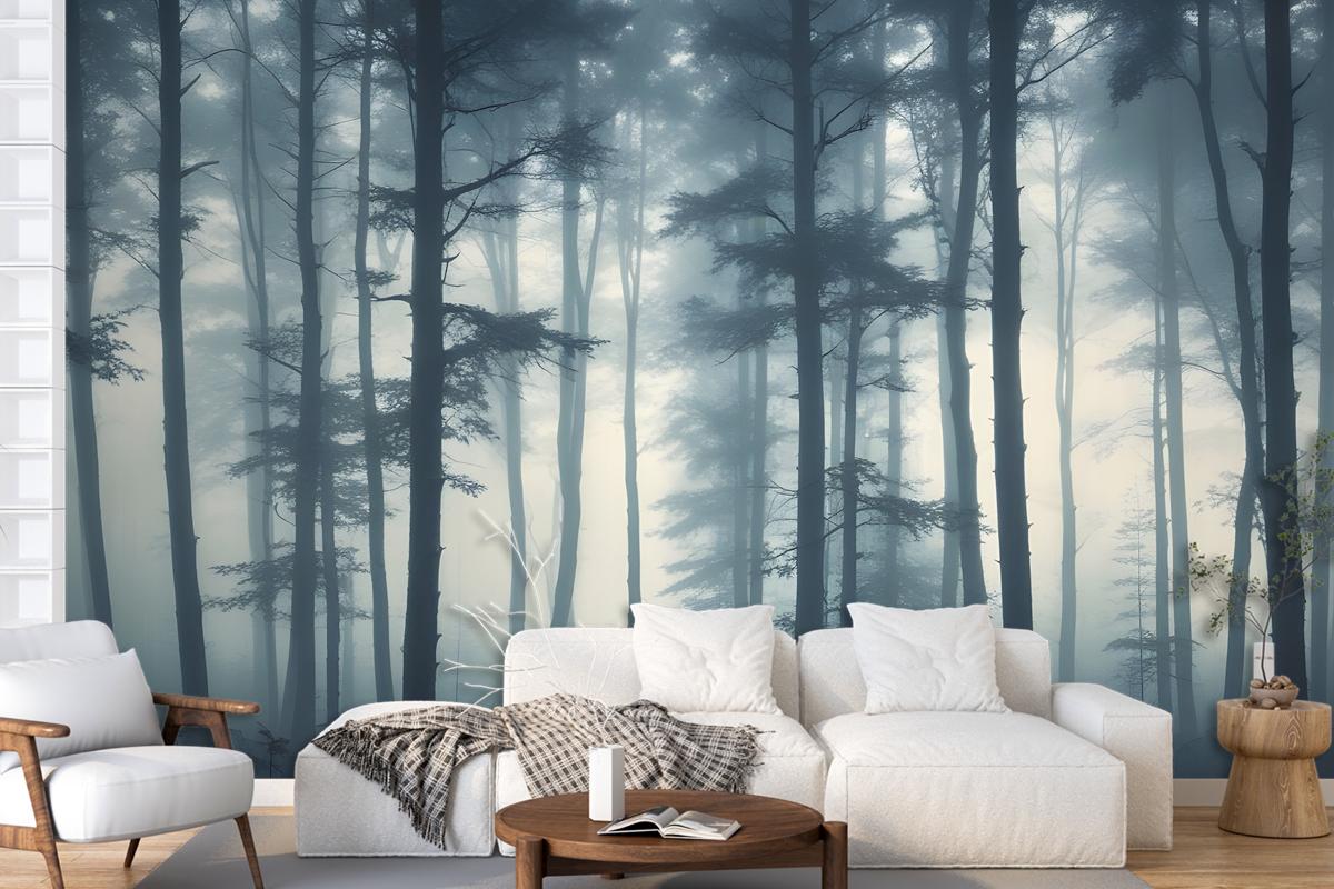 Dense Misty Forest With Tall Slender Trees And A Foggy Atmosphere Wallpaper Mural