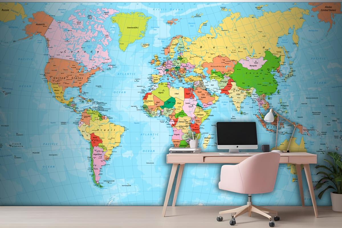 Detailed Political World Map With Capitals Wallpaper Mural