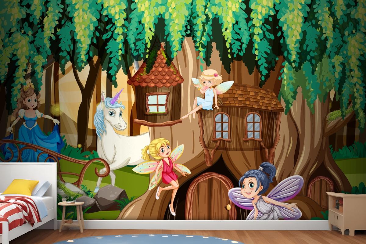 Fantasy Forest With Fairies And Unicorn Wallpaper Mural