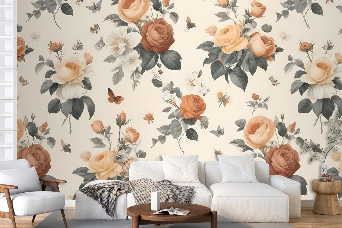 Floral Pattern With Various Types Of Roses Wallpaper Mural