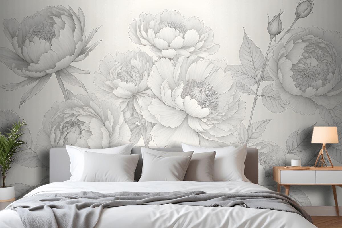 Gray Large Illustrated Roses Wallpaper Mural