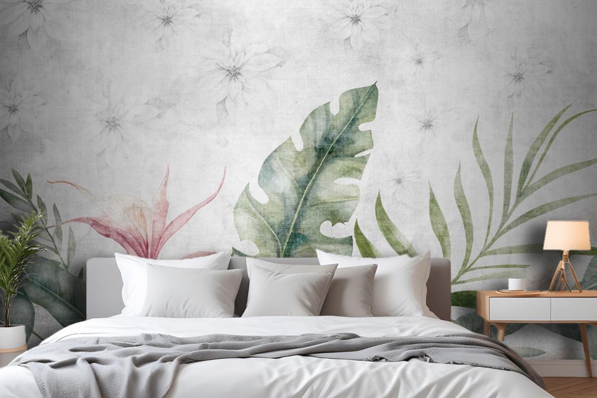 Green Branches Tree Leaves On Drawing Gray Bedroom Wallpaper Mural