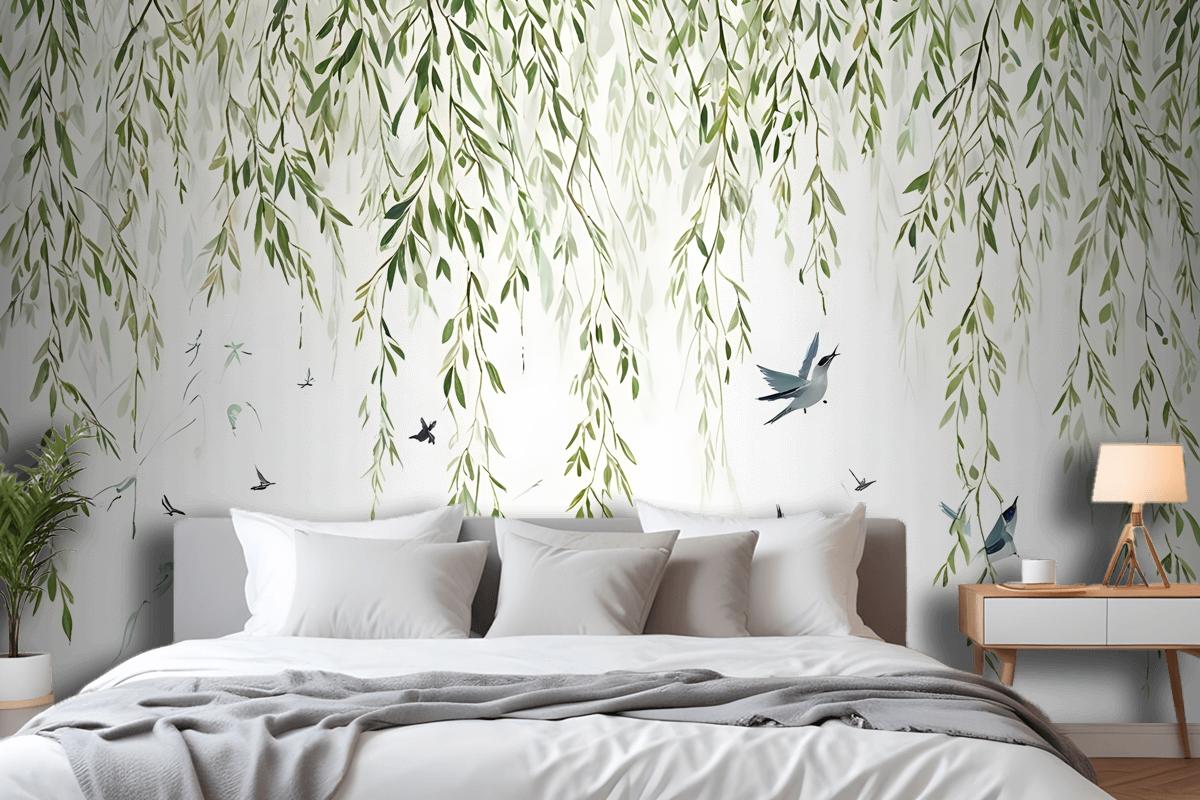 Green Hanging Leaves With Colorful Birds Wallpaper Mural