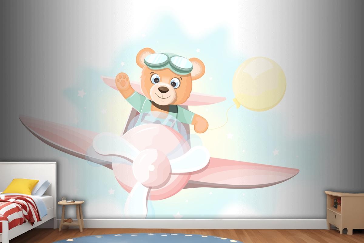 Happy Teddy Bear Flying On An Airplane Wallpaper Mural