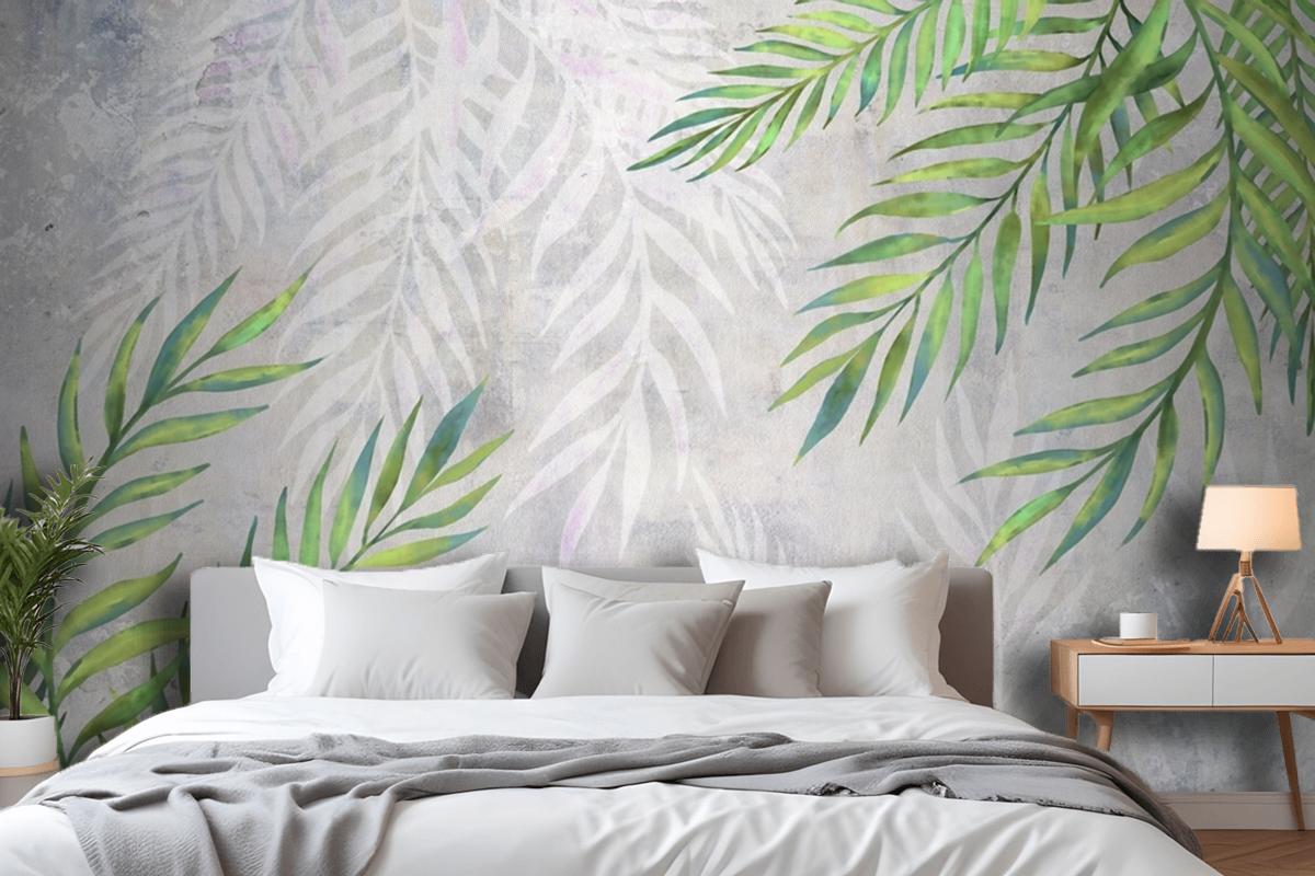Leaves In The Corners On A Light Textured Bedroom Wallpaper Mural