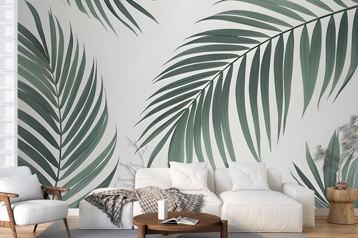 Light Background Palm Leaves Various Shades Green Wallpaper Mural