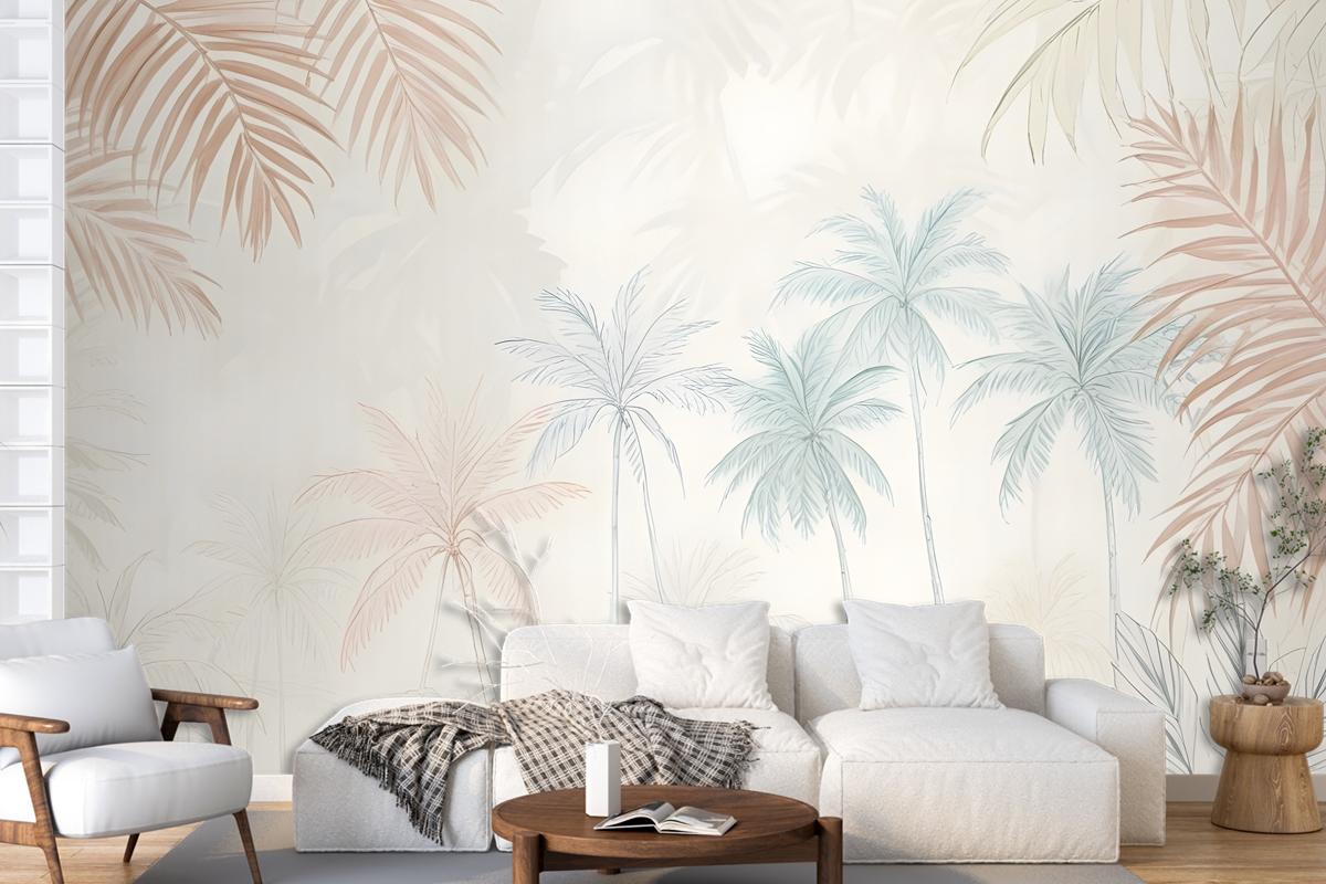 Minimalist Pink & Green Inky Tropical Wallpaper Mural