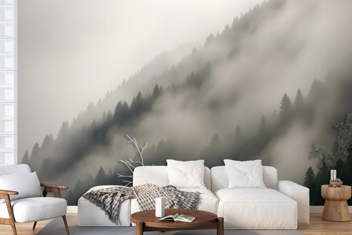 Misty Mountain Landscape With Dense Fog Covering The Forested Slopes Wallpaper Mural